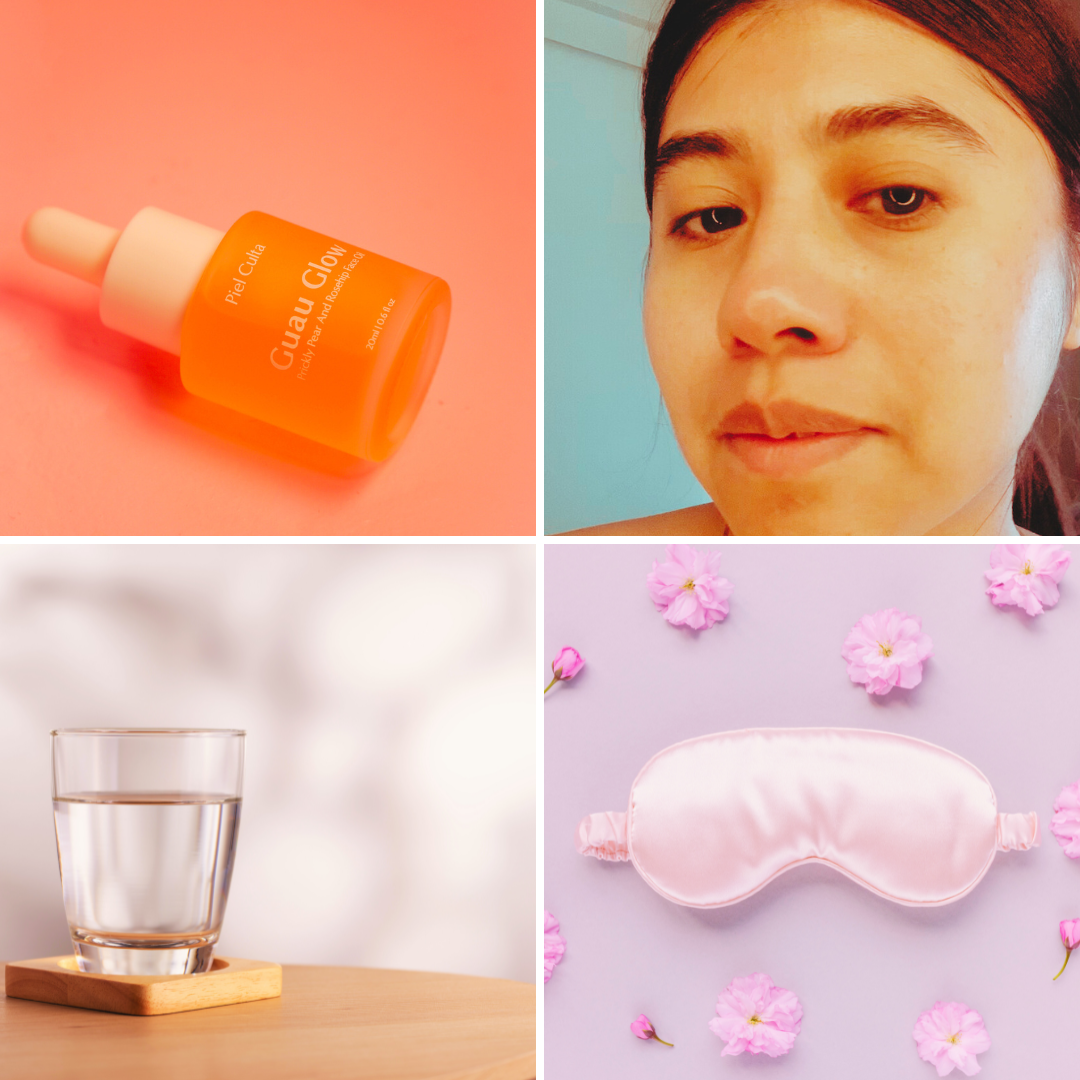 collage of 4 images: top left a bottle of guau glow with a pick background, bottom left: a glass of water on a table, top right: bare faced picture of diana, bottom right: a lavender eye mask